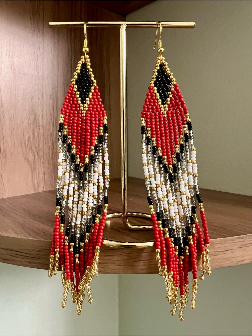 Stunning Rich Red, Black & White Beaded Fringe Earrings